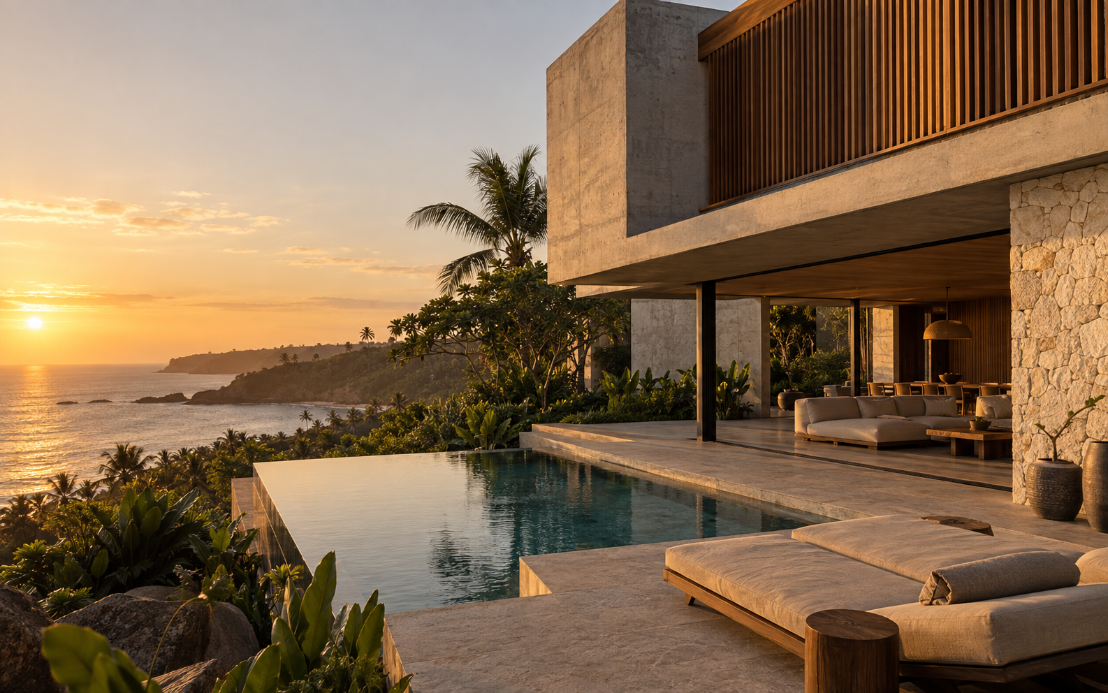 Residência contemporânea integrada à paisagem ao pôr do sol