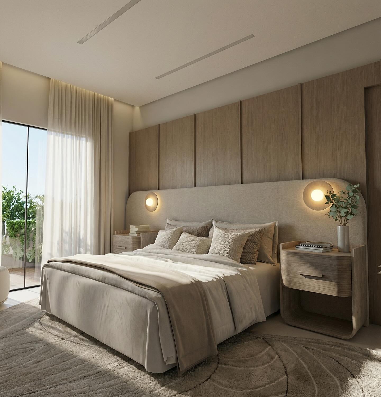 Quarto em tons neutros com cabeceira estofada e iluminação suave