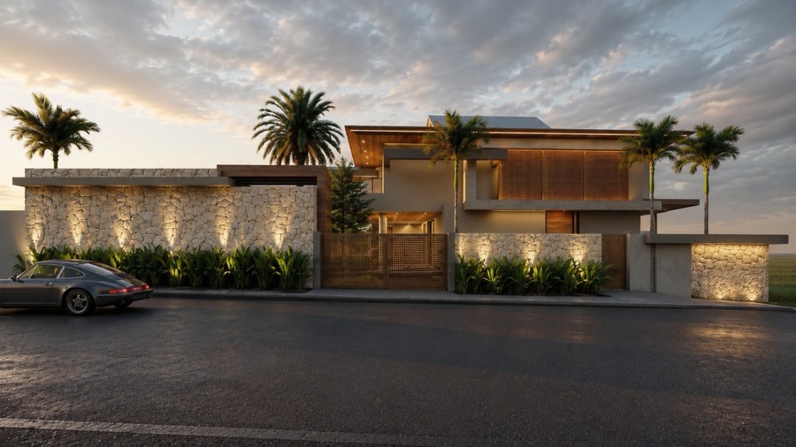 Fachada residencial com pedra natural, madeira e iluminação ao entardecer